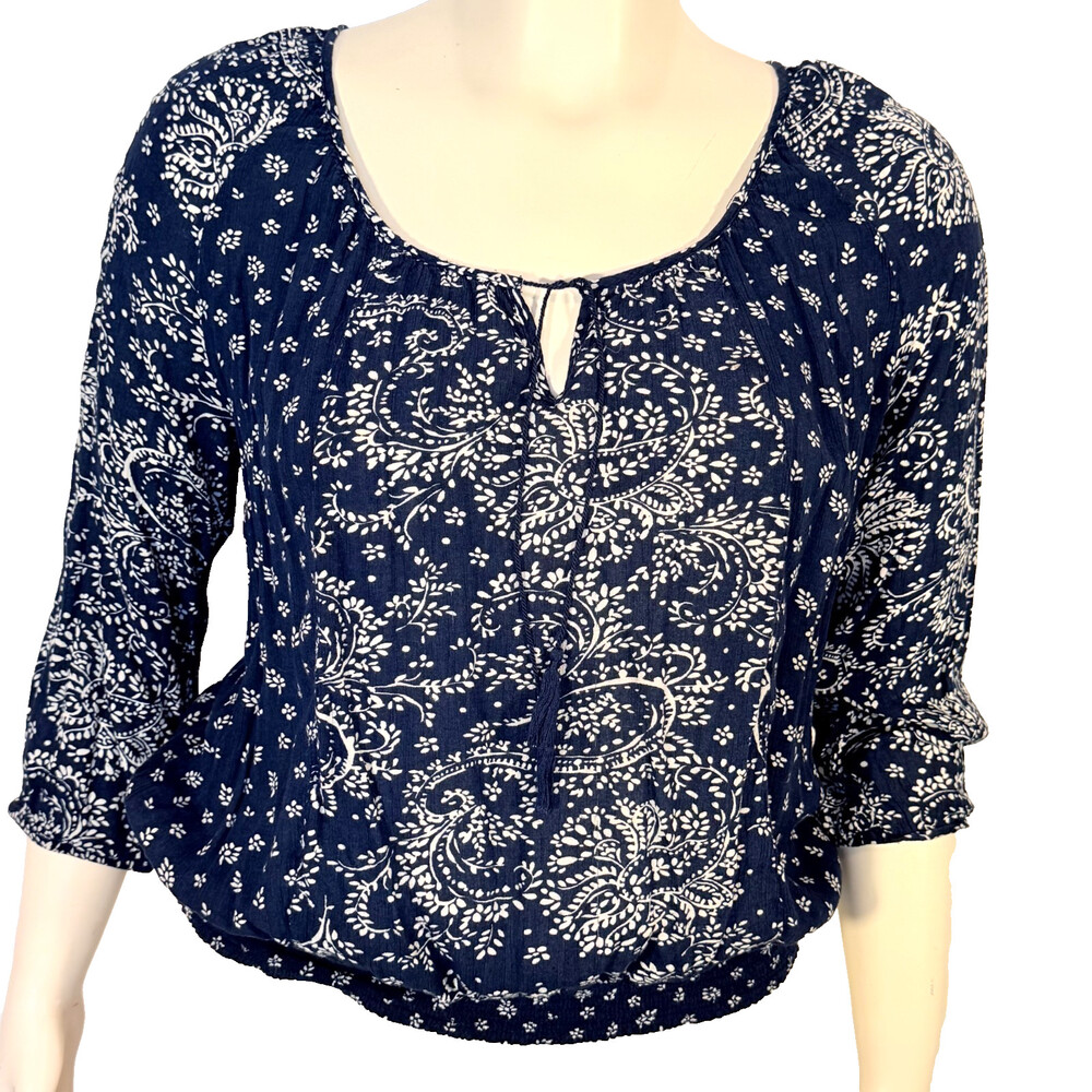 Aeropostale Peasant Top Women's XL Navy White V-Neck Paisley Floral 3/4 Sleeve